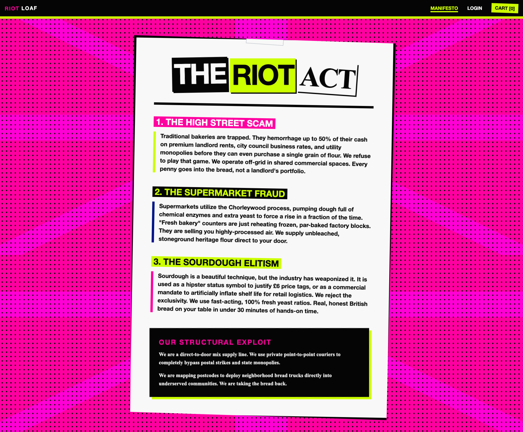 The Riot Act manifesto page outlining the brand's core values